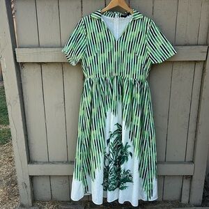 Beulah Style Florida Green Palm Fit and Flare Dress Tropical Hawaiian Vacation L